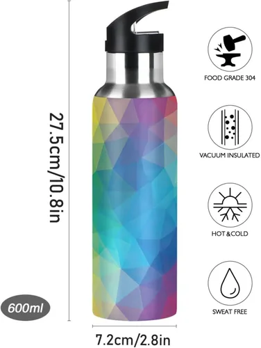 Miniatura 9 de Geometric Rainbow Gradient Stainless Steel Vacuum Insulated Water Bottle 20 Oz Leakproof Water Bottles, BPA-Free Sports Water Bottle