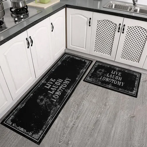 Miniatura 2 de Juego de 2 Alfombrillas de Cocina Góticas - Alfombras de Cocina Antideslizantes de Halloween Espeluznantes Negras Alfombra Gótica de Calavera