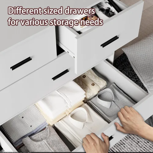 Miniatura 8 de FJTJBSI Cómoda con Tomas de Corriente de Madera de 6 Cajones con Organizador Grande Blanco Organizador de Almacenamiento Alto con Riel de Metal Liso