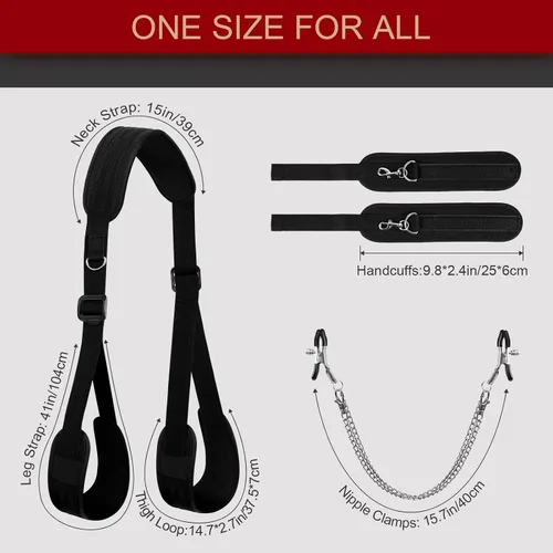 Miniatura 7 de Restricciones de piernas con esclavitud sexual, correas ajustables de cuello a muslo, restricciones de cama para parejas, juguetes BDSM, kit