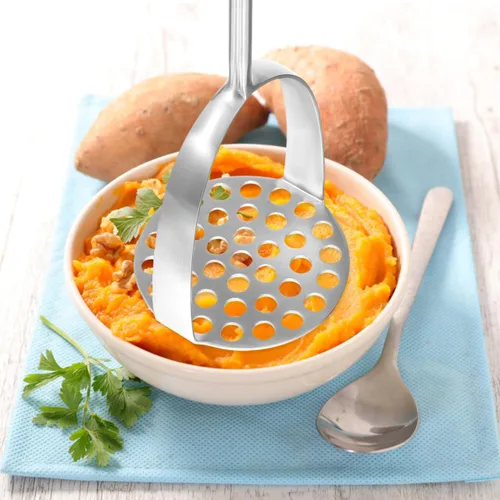 Miniatura 5 de Angoily Triturador de papas de acero inoxidable con mango de madera, prensador de papas resistente para papas de mano para aguacate y verduras