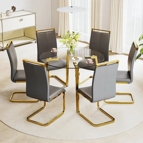 Miniatura 20 de Juego de mesa de comedor gopop de 5 piezas para 4, juego de mesa de comedor redonda de vidrio para 4, mesa de vidrio templado con 4 sillas
