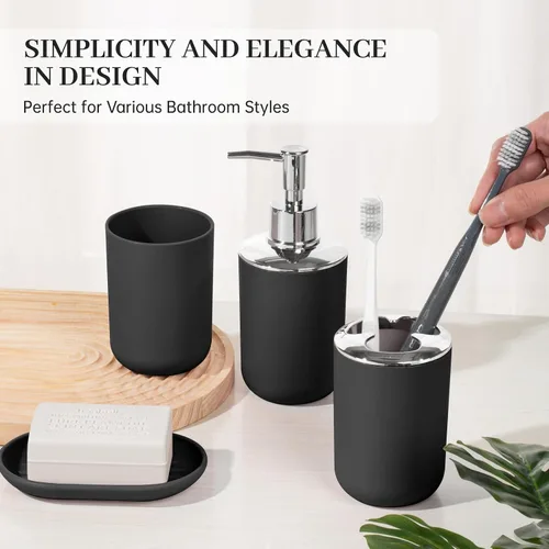 Miniatura 5 de Juego de accesorios de baño, 4 piezas de plástico incluyen dispensador de jabón, jabonera, soporte para cepillo de dientes, taza para enjuague