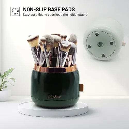 Miniatura 9 de Soporte giratorio para brochas de maquillaje con tapa, organizador de tocador a prueba de polvo para brochas de maquillaje, cuenco limpiador