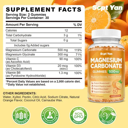 Miniatura 2 de Gomitas de carbonato de magnesio de 500 mg, suplemento de magnesio con vitamina C, D3 y B6 para apoyo muscular, hueso, digestivo e inmunológico