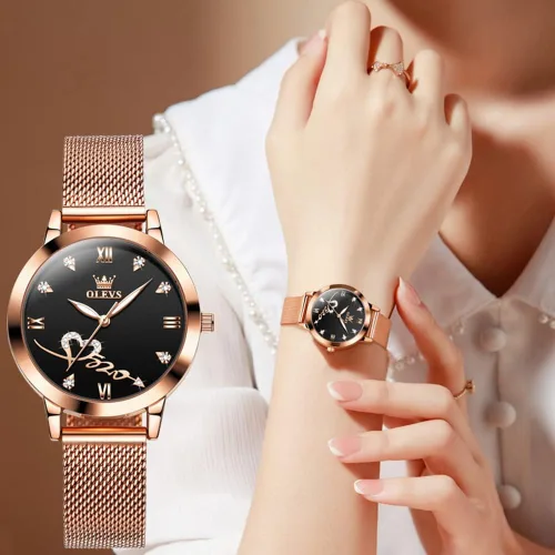 Miniatura 5 de OLEVS Relojes para mujer, correa de malla de oro rosa, vestido de moda, cuarzo japonés, impermeable, luminoso, para mujer, conjunto de pulseras