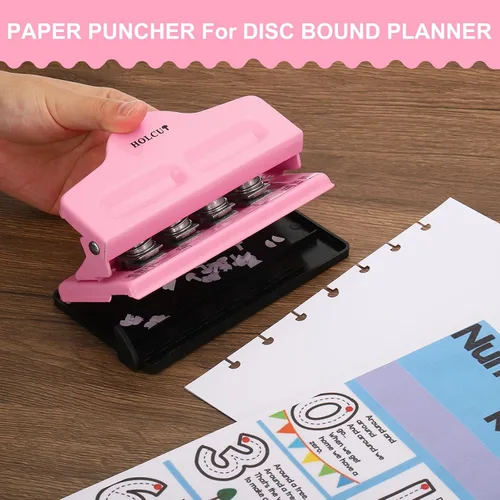 Miniatura 6 de PATIKIL Perforadora de agujero de disco de hongos, perforadora de 4 agujeros para planificador encuadernado en disco, perfora hasta 5 papeles (rosa)