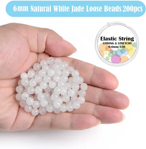 Miniatura 2 de 200 cuentas sueltas redondas de jade blanco natural de 0.236 pulgadas para fabricación de joyas con cordón elástico de cristal