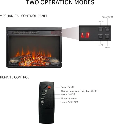 Miniatura 9 de Inserto para chimenea eléctrica de 23 pulgadas, calentador empotrado ultrafino con tronco y llama realistas, brillo de 4 llamas ajustable, control