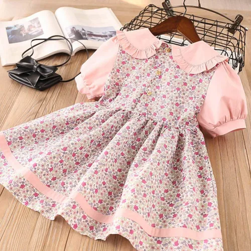 Miniatura 2 de Kids Girls Cute Sweet Collar Floral Dress for 2-7 Years,Casual Flowy Summer Short Puff Sleeve Doll Neck A-line Dress