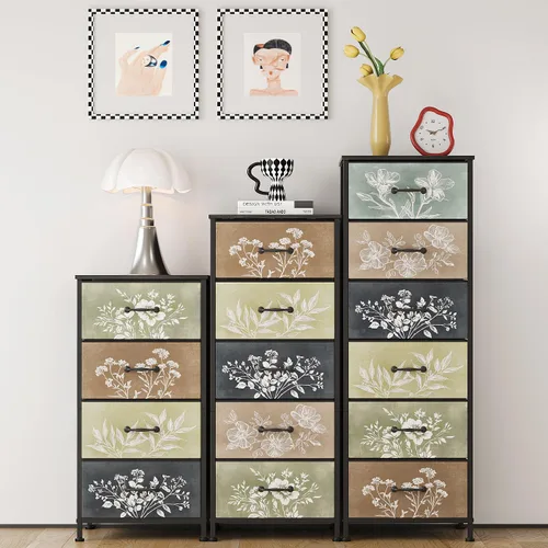 Miniatura 5 de Tohomeor Cómoda vintage vertical con mesita de noche, cajones de tela con diseño botánico neutro para armario, baño, torre de almacenamiento