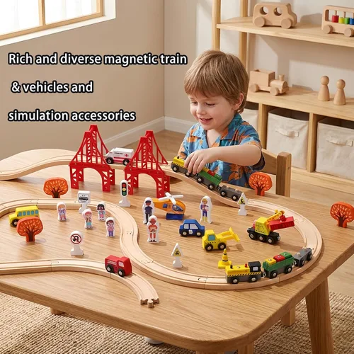 Miniatura 4 de Juego de 100 pistas de tren de madera, tren de juguete con pistas para niños de 3 a 10 años, compatible con las principales marcas, juego