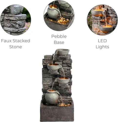 Miniatura 3 de Teamson Home Fuente de agua en cascada de piedra apilada de 4 niveles para exteriores de 28.5 pulgadas con luces LED, gris