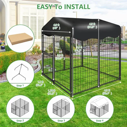 Miniatura 4 de Perrera para Perros al Aire Libre 4x4.2x4.5 pies, Perrera Exterior para Perros con Techo, Perreras Grandes para Perros con Puerta Giratoria y 2