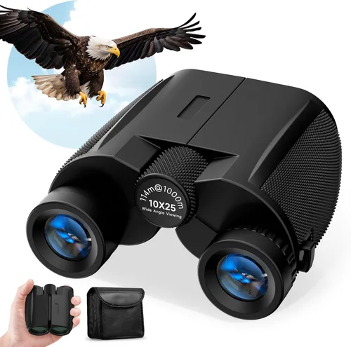 Leacco Prismáticos compactos de 10 x 25 para adultos y niños, visión grande, binoculares pequeños impermeables con visión de poca luz BAK4, lente