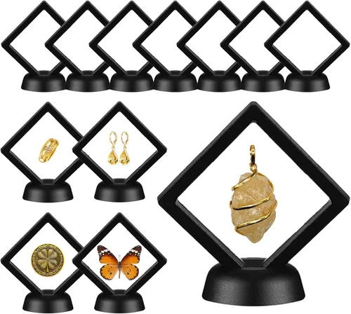12 piezas de vitrina flotante 3D de 2.7 pulgadas, color negro, caja de almacenamiento de joyería de película transparente, soporte de marco de