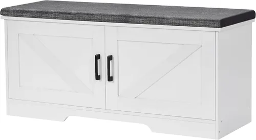 Miniatura 11 de HOMSHO Banca de almacenamiento de 2 niveles, banca para zapatos de 70 cm de ancho con cojín de asiento acolchado, banca de entrada con 2 puertas