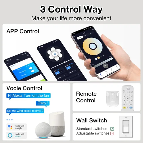 Miniatura 3 de cumilo Ventiladores de techo inteligentes de 52 pulgadas con luz y control remoto, luces LED regulables, motor de CC silencioso, control a través