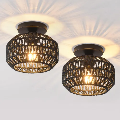 Miniatura 13 de 1 paquete de lámparas de granja para montaje en techo, mini lámpara de techo de ratán bohemio semiempotrada, accesorios de luz de pasillo tejidos a