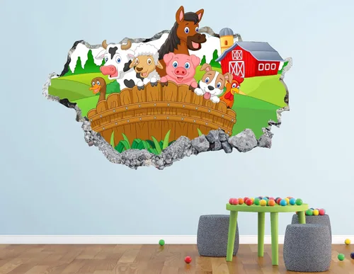 Calcomanía de pared de animales de granja, decoración artística 3D destrozada para sala de juegos, mural para habitación del bebé, regalo