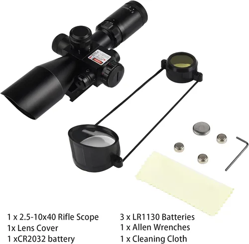 Miniatura 6 de MidTen 2.5 – 10 x 40 Visor de alcance iluminado con retícula Mil-dot rojo y verde, con láser rojo/verde, lente color verde y soportes