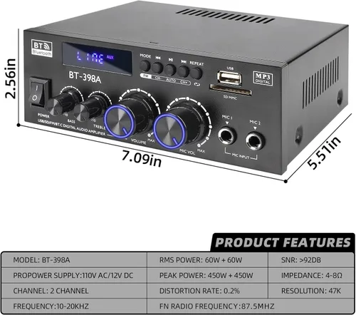 Miniatura 7 de Joengoep BT-398A Amplificador de Audio Estéreo, Receptor para Altavoces Max 900W, Receptor Estéreo de 2.0 Canales con Radio FM, Entradas USB/SD/AUX