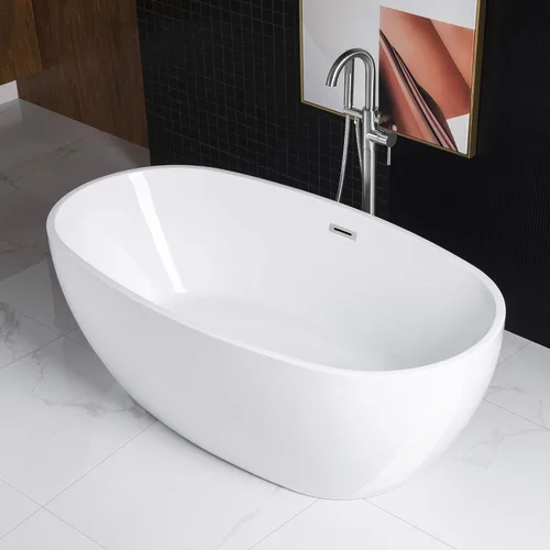 Miniatura 5 de WOODBRIDGE Bañera de acrílico independiente de 67 pulgadas, bañera blanca de remojo contemporánea con desbordamiento y drenaje cromados, B0028