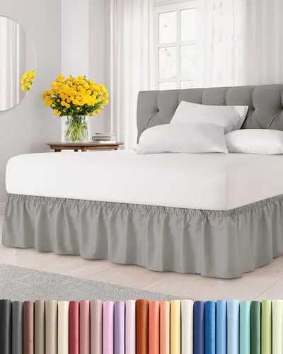 CGK Linens - Falda de cama envolvente con volantes, color gris claro, para camas de tamaño matrimonial con altura de 18 pulgadas sin arrugas, 03 -