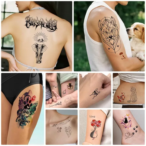 Miniatura 6 de 77 hojas de tatuajes temporales, 17 hojas de tatuajes de medio brazo de gatos, perros, conejos, leones y elefantes lindos para hombres, mujeres