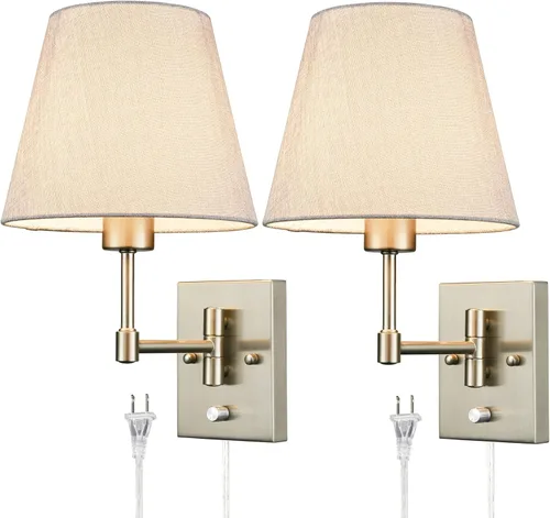 SAMTEEN - Juego de dos apliques de pared con brazo oscilante con cable de enchufe y pantalla de tela gris con interruptor de encendido y apagado,