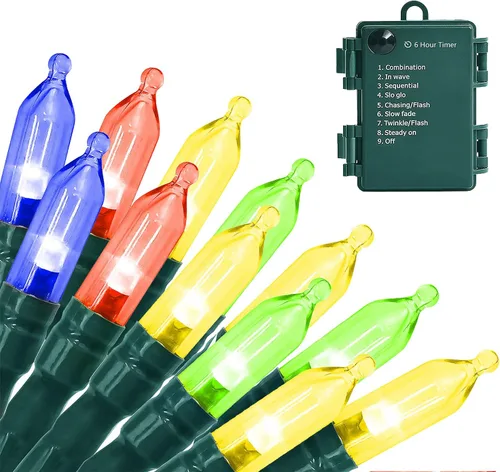 Miniatura 12 de MASHANG Luces de Navidad – Cadena de luces a pilas, 50 luces LED, miniluces, 8 modos, cable verde, mini juego de luces con temporizador para árbol