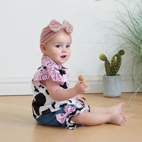 Miniatura 2 de Emmababy Trajes de mezclilla occidentales para niñas pequeñas, con volantes, sin mangas, con estampado de vaca, con botones, con cinturón