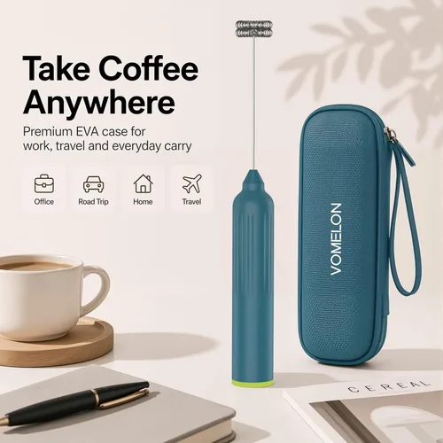 Miniatura 9 de Espumador de leche de mano con 3 batidores de acero inoxidable, mezclador eléctrico recargable de bebidas con soporte y estuche de viaje, espumador