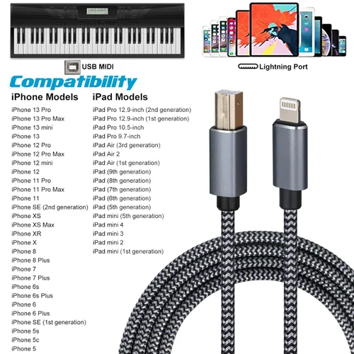 Miniatura 7 de Cable Lightning a MIDI USB OTG tipo B para iPhone seleccionados, modelos de iPad para controlador midi, instrumento de música electrónico, teclado