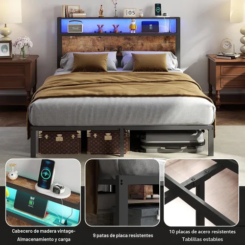Miniatura 5 de Base de cama tamaño completo con cabecero, estructura de cama de plataforma metálica con luces LED y estación de carga, almacenamiento debajo
