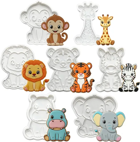 Miniatura 23 de Juego de 8 cortadores de galletas de animales con mango de sello 3D, diseño de selva para cocina, formas de pastel de ácido poliláctico