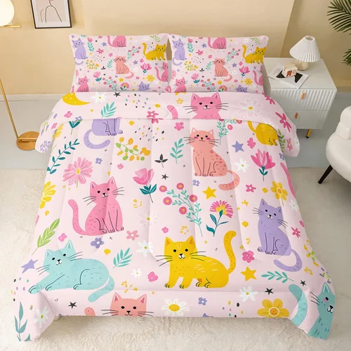 Miniatura 2 de QOOMO Edredón floral de gato tamaño Twin, juego de ropa de cama de gato rosa para niños, adolescentes y niñas, juego de ropa de cama de 3 piezas