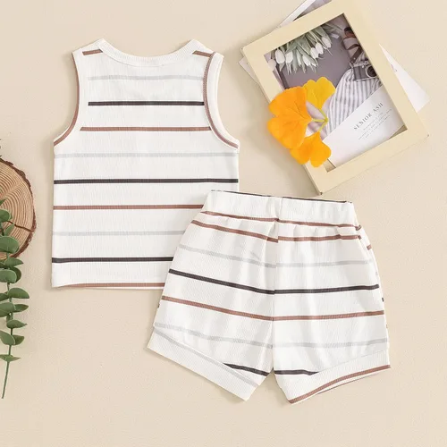 Miniatura 78 de Ropa de bebé niño sin mangas + pantalones cortos con estampado a rayas con bolsillos, 2 piezas de trajes de verano