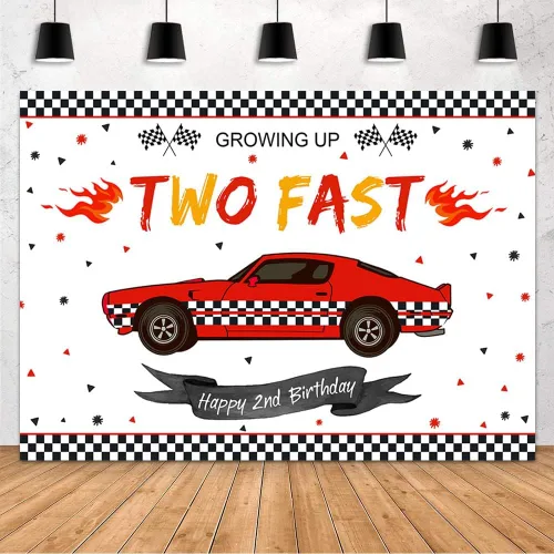 MEHOFOND Dos telón de fondo de cumpleaños rápido de coche de carreras de 2º cumpleaños, suministros de decoración de fiesta de cumpleaños para