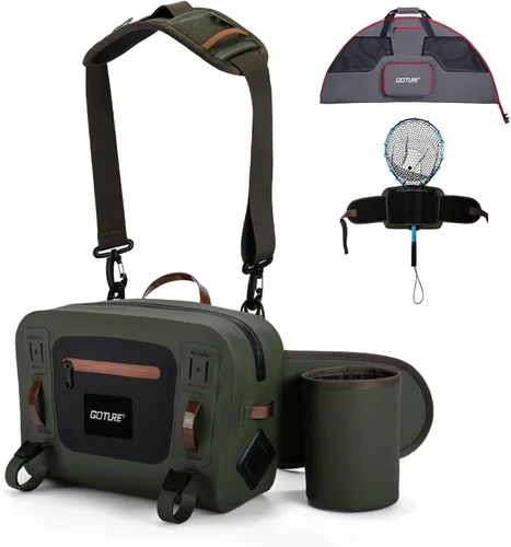 Miniatura 10 de Goture Riñonera de pesca impermeable, IPX8 840D TPU bolsa grande para aparejos con soporte para caña, cierre hermético de cremallera, bolsa de pesca
