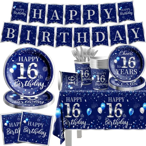 Miniatura 11 de Juego de vajilla de 142 piezas para decoración de cumpleaños número 50, color plateado y azul, suministros de fiesta de cumpleaños número 50