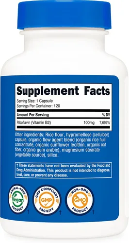 Miniatura 5 de Nutricost Vitamina B2 (Riboflavina) 100mg, 120 Cápsulas - Sin Gluten y Sin OGM