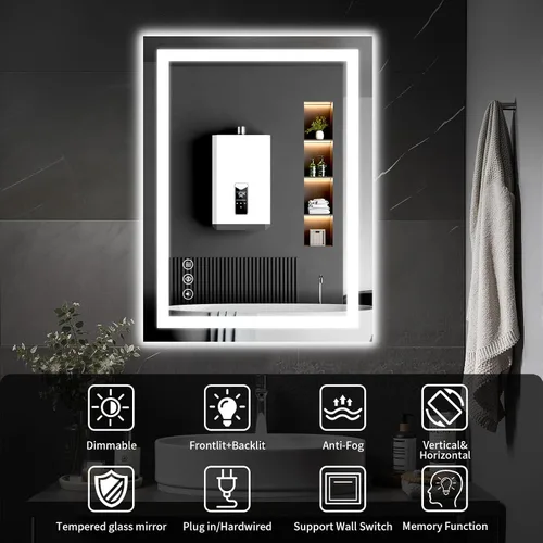Miniatura 8 de Espejo de baño LED de 24 x 36 pulgadas con luces, regulable, antiniebla, espejo de tocador de baño iluminado para pared, retroiluminado + luz