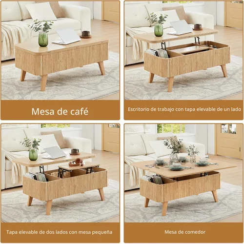 Miniatura 4 de Mesa de centro 3 en 1 con tapa elevable, mesas de centro convertibles acanaladas que se convierten en mesas de comedor, moderna mesa central
