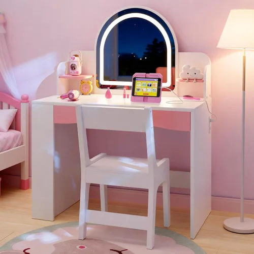 Miniatura 9 de Teckid Juego de mesa y silla para niños con luces, escritorio de tocador para niñas, tocador de maquillaje de princesa para niños con estantes