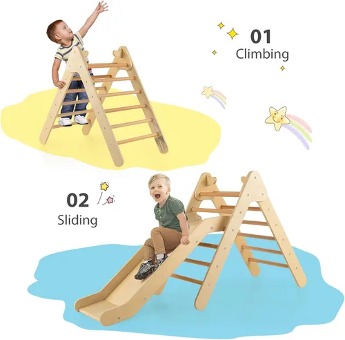 Miniatura 3 de OLAKIDS Juego de triángulo Pikler 2 en 1 juguetes de escalada para niños pequeños Gimnasio de selva plegable de madera Montessori con rampa