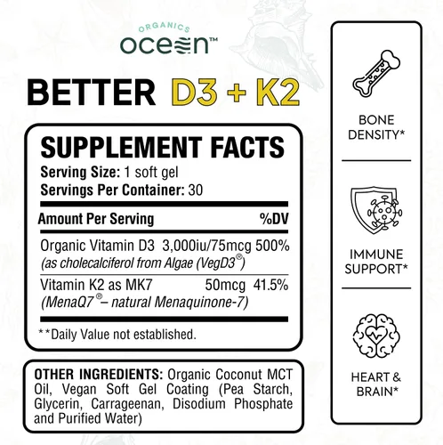 Miniatura 2 de Organics Ocean Better D3 + K2-100% Suplementos Orgánicos de VIT D3 y K2 con Máxima Biodisponibilidad – Apoya la Densidad Ósea, Equilibrio de Calcio