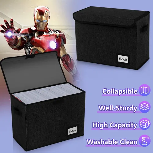 Miniatura 2 de Caja de almacenamiento para cómics de 15.8 x 7.8 x 11.8 pulgadas, plegable con capacidad para 160-180 organizador de cómics resistente (negro)