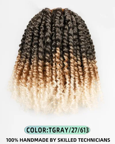 Miniatura 7 de 10 Pulgadas 8 Paquetes Cabello Corto Passion Twist de Crochet para Mujeres Negras y Niños - 3 Tonos Ombre de Gris a Rubio a Blanco, Extensión
