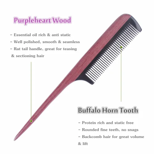 Miniatura 3 de Breezelike Peines para el cabello – Peine de cola de madera de dientes finos – Peine de madera de corazón morado sin estática con dientes de cuerno
